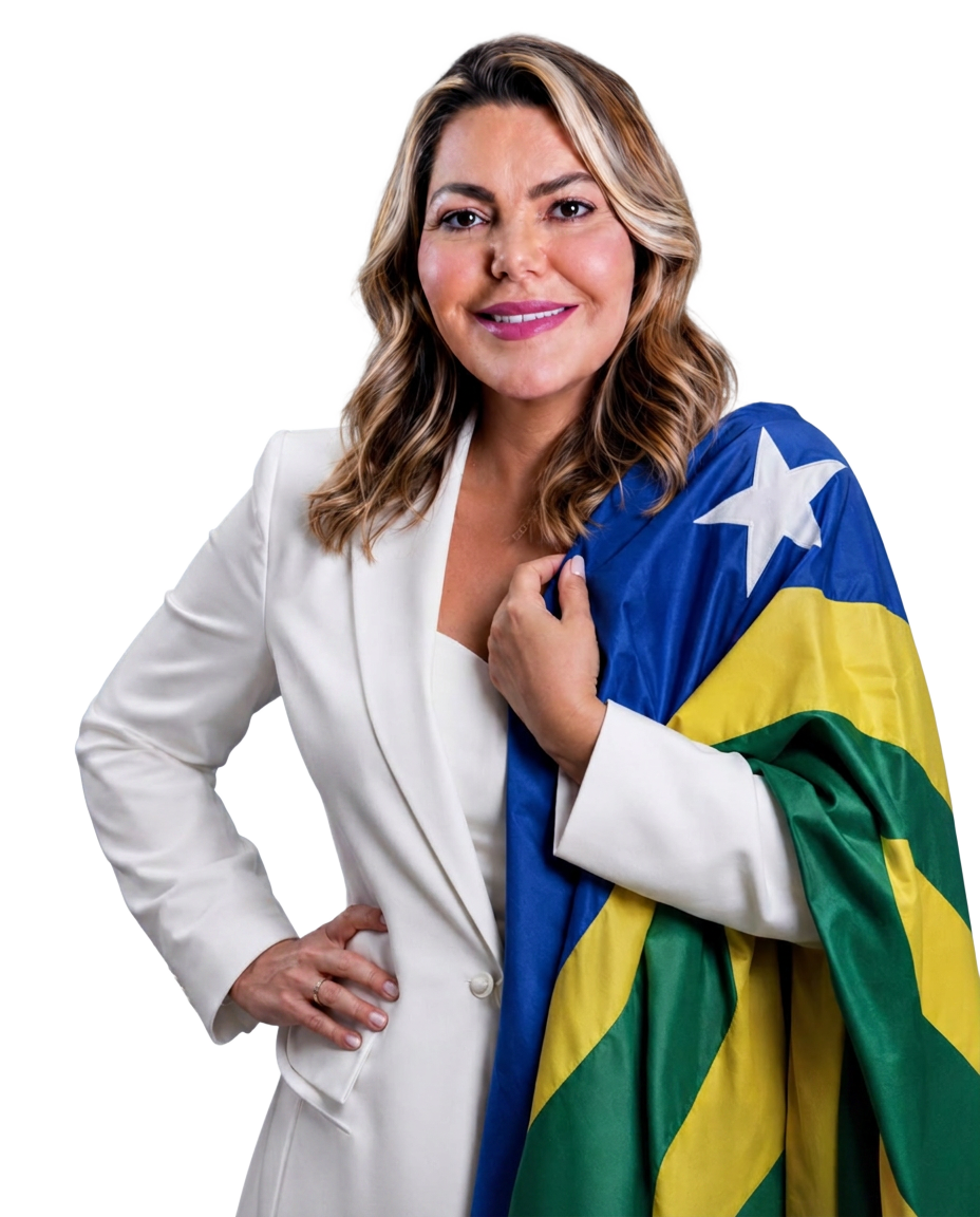 Larissa Lafaiete com a bandeira de Goiás sobre os ombros